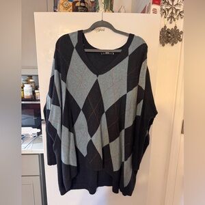 Black and Gray Argyle Poncho Sweater cashmere